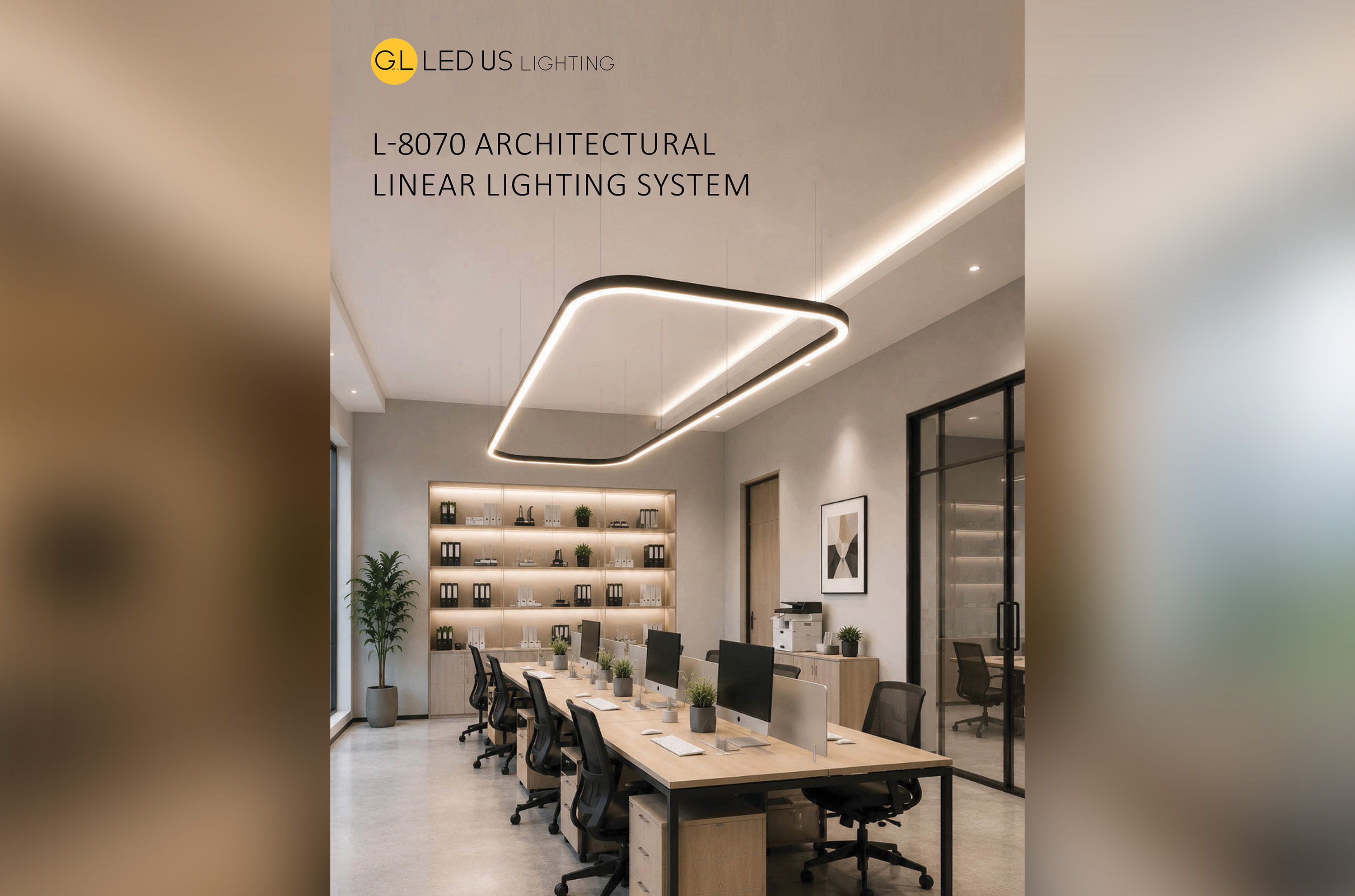 L-8070 architectural linear lighting system suspended above a modern office workspace.
