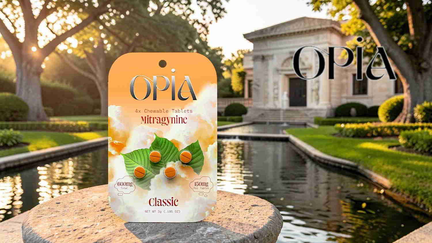 Package of OPIA vitamins in a serene garden setting.