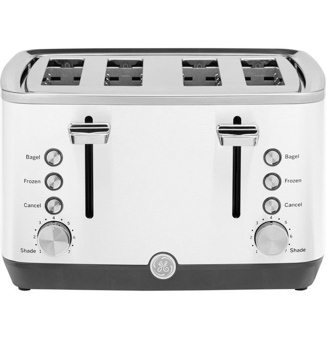 A silver and black four-slice toaster with control settings.