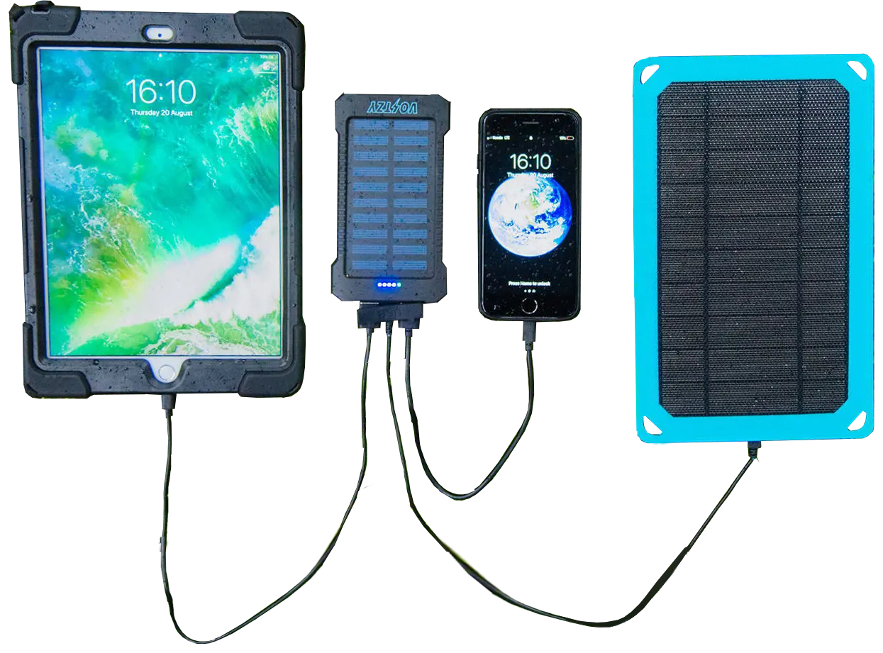 Voltzy, the portable solar powebank, charging an iPad, iPhone, while Voltzy Solar speeds up the process. 