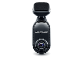 Black dashboard camera with a lens and mount attachment.