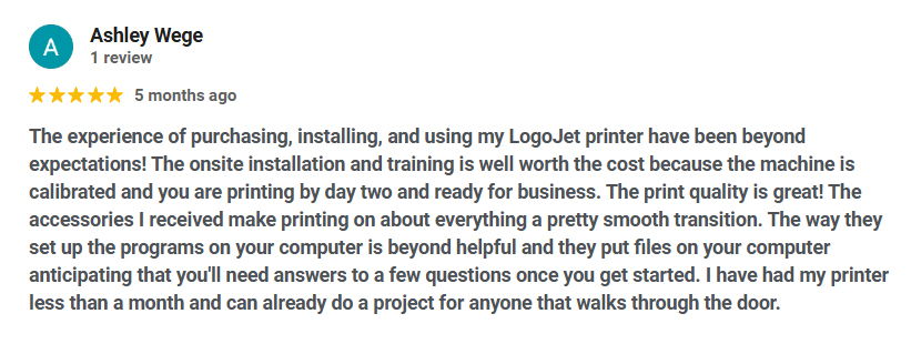 5-Star review of LogoJET print quality and installation experience