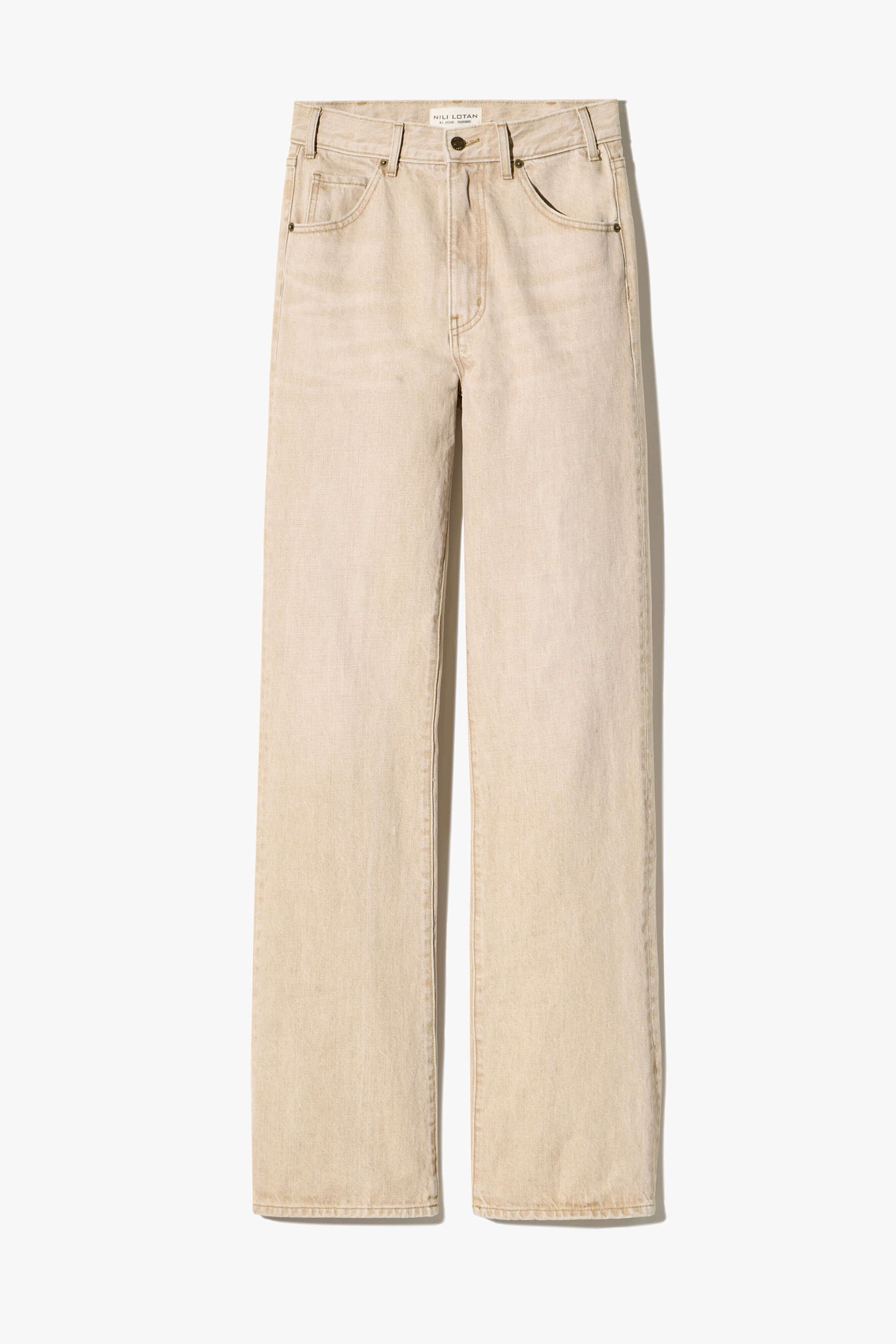 Beige straight-leg jeans displayed against a white background.