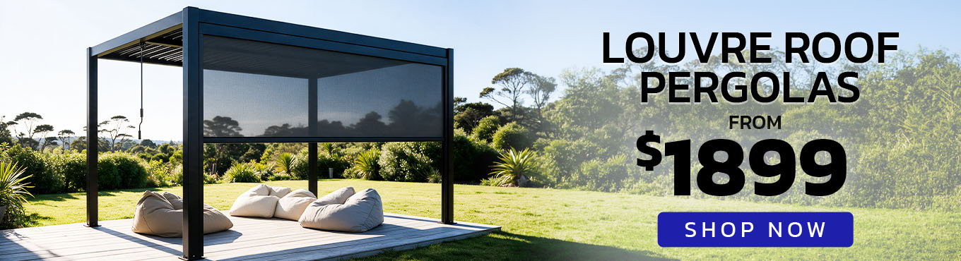 Louvre roof pergola advertisement with price and call to action.