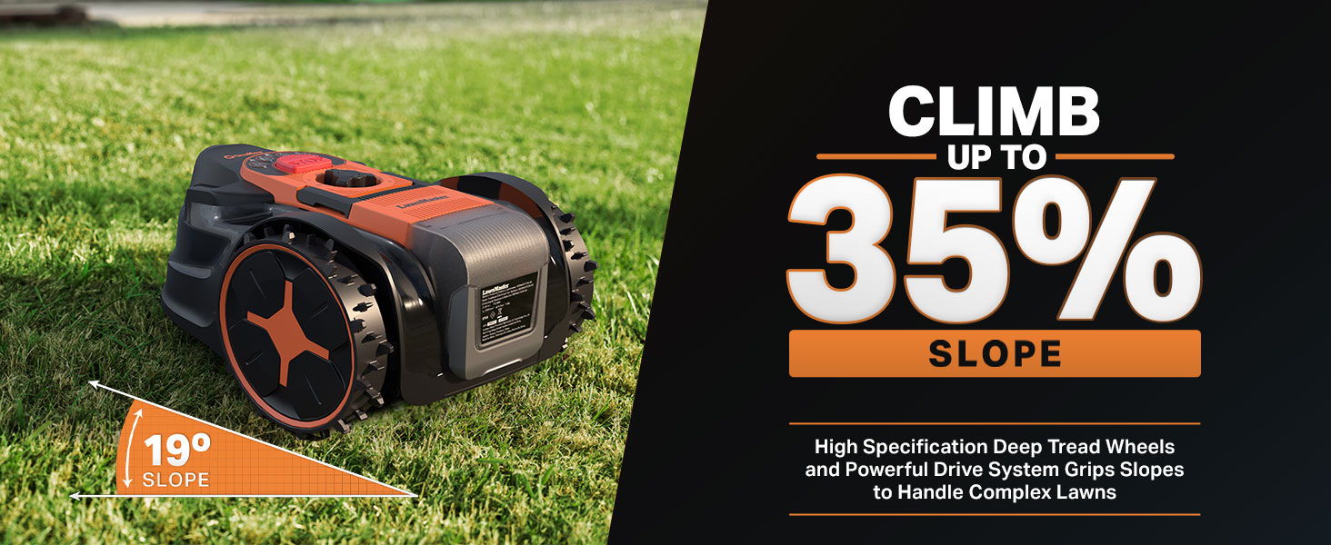 A robotic lawn mower on grass with slope capability text.