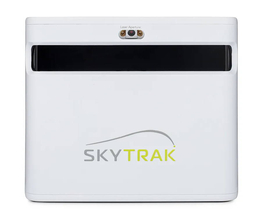 Front view of a SkyTrak+ golf launch monitor unit with the SkyTrak logo on it
