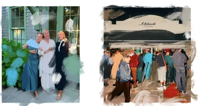 Two women posing together; busy scene outside a restaurant.