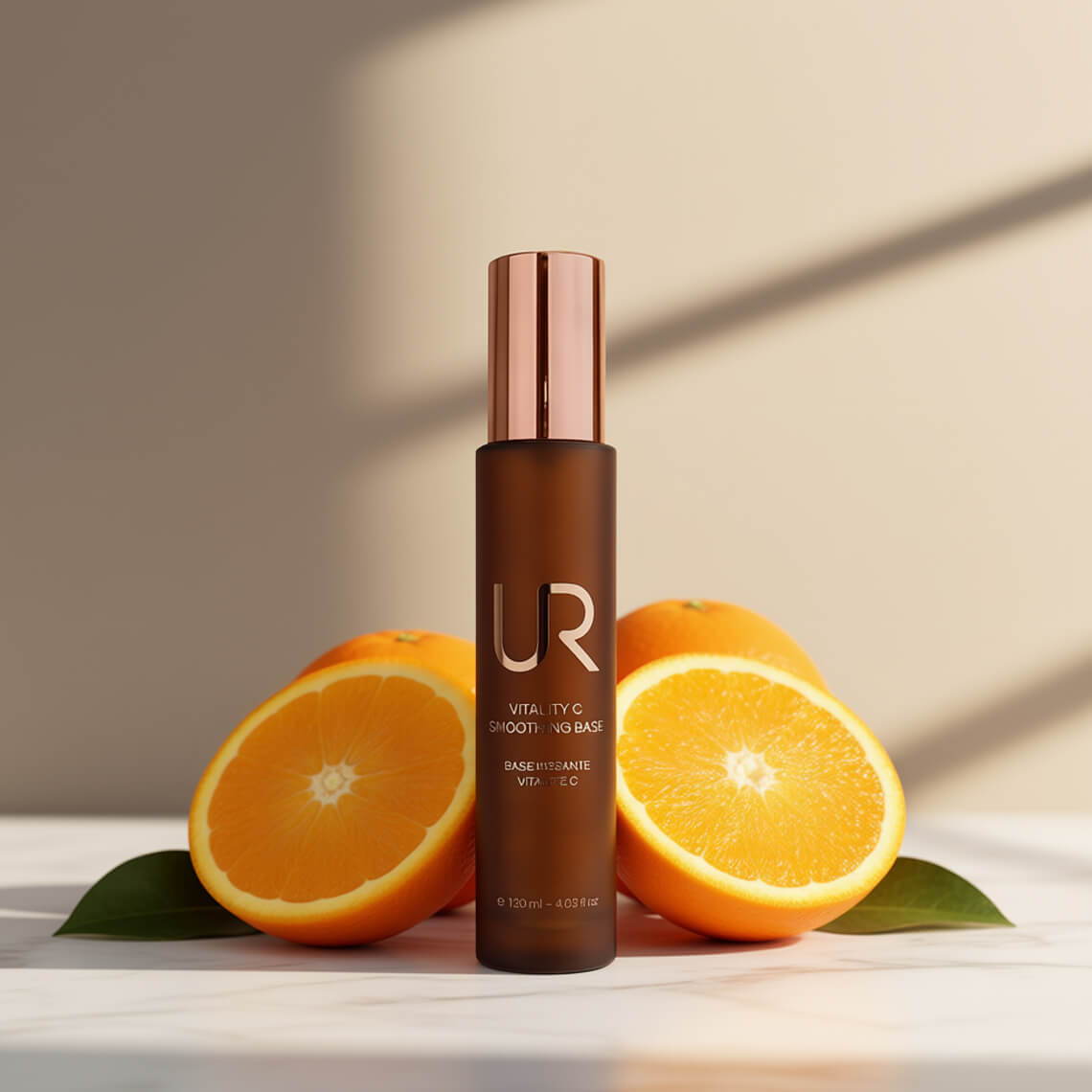 Brown bottle of skincare product with orange halves and leaves.