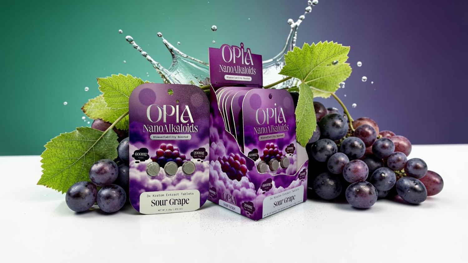 Boxes of purple grapes with splashes of water and green leaves.