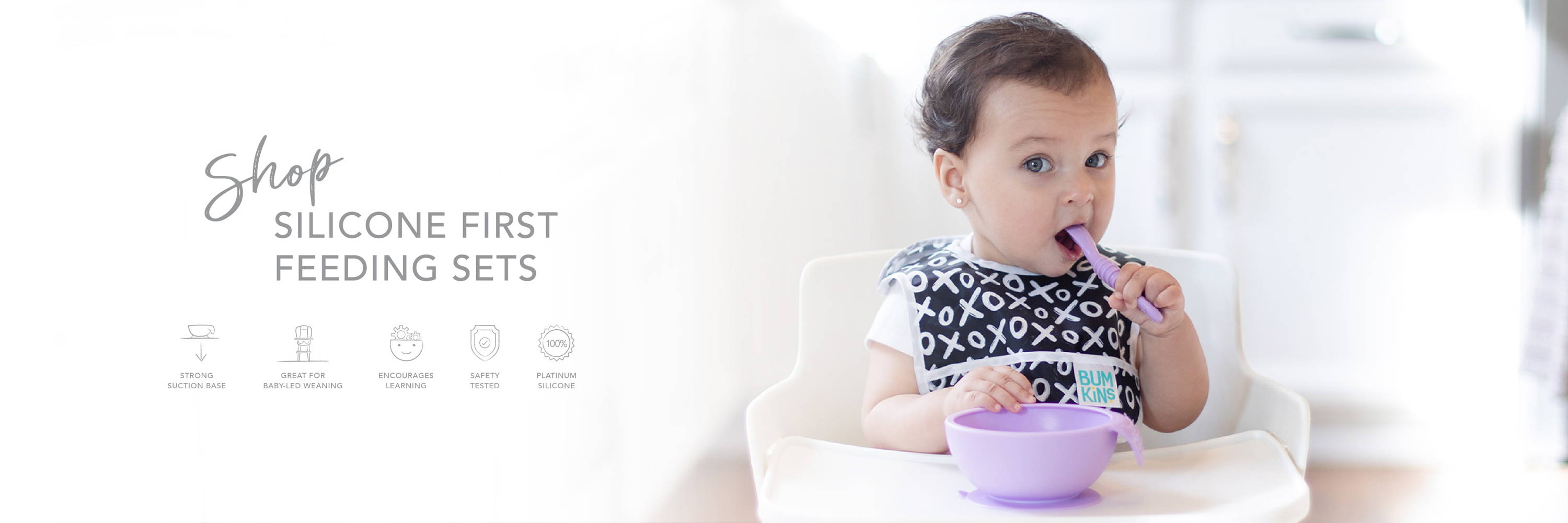 shop silicone first feeding sets, strong suction base, great for baby-led weaning, encourages learning, safety tested, platinum silicone