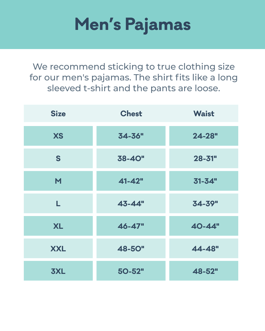 Men's Pajama Size Chart: size xs waist 24-28in and 34-36in chest; size s 28-32in waist and 38-40in chest; size m 31-34in waist and 41-42in chest; size L 34-39in waist and 43-44in chest; size xl 40-44in waist and 46-47in chest; size xxl 44-48in waist and 48-50in chest; size 3xl 48-50in waist and 50-52in chest