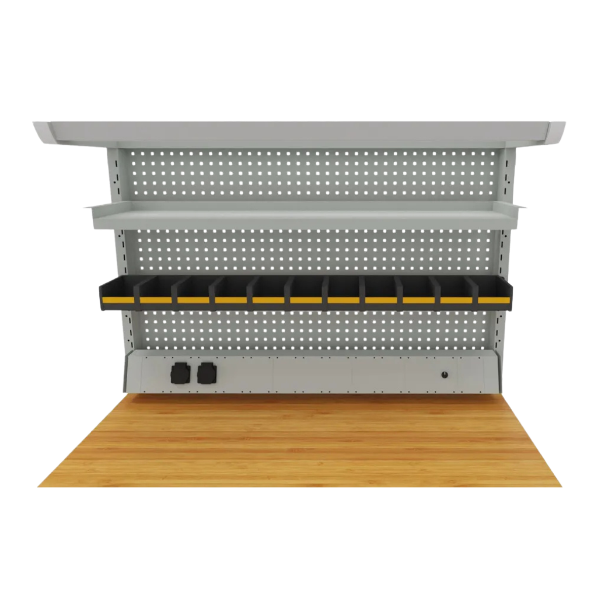 Garant Gridline Perforated panel with shelf, overhead light, media rail, and parts bins rail