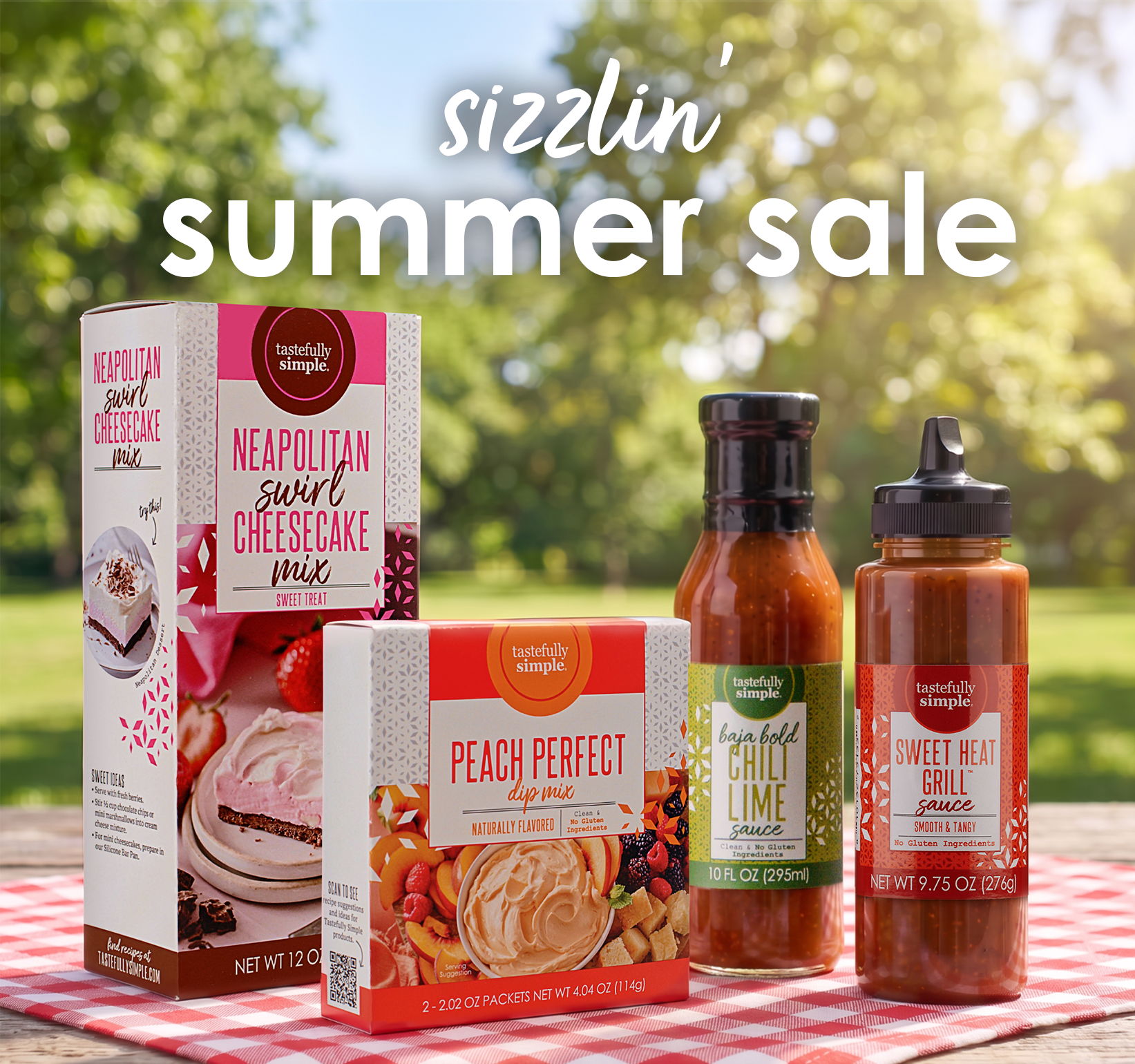 Shop the Sizzlin' Summer Sale featuring Tastefully Simple dessert mixes and grilling sauces.