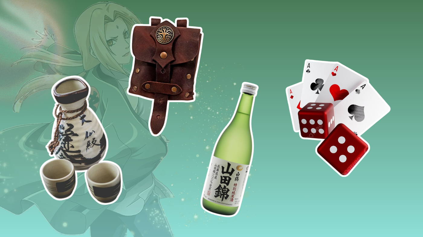 Tsunade cosplay props including sake cup, medical scrolls, and gambling accessories for Naruto Fifth Hokage character details