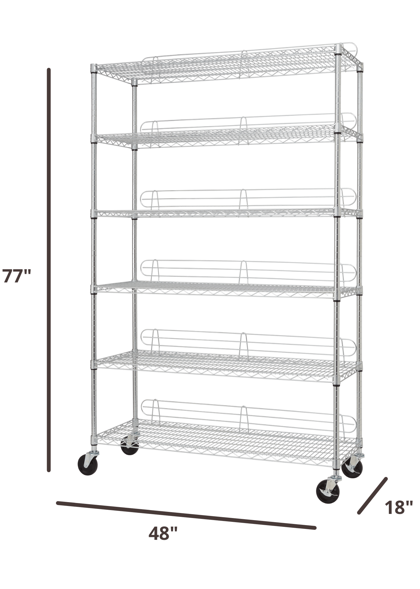 77 inches tall by 48 inches wide  wire shelving rack with 6 wheels and 4 set of wheels