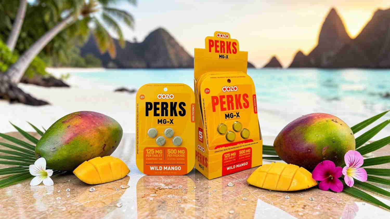 Mango-flavored candy packaging on a tropical beach background.