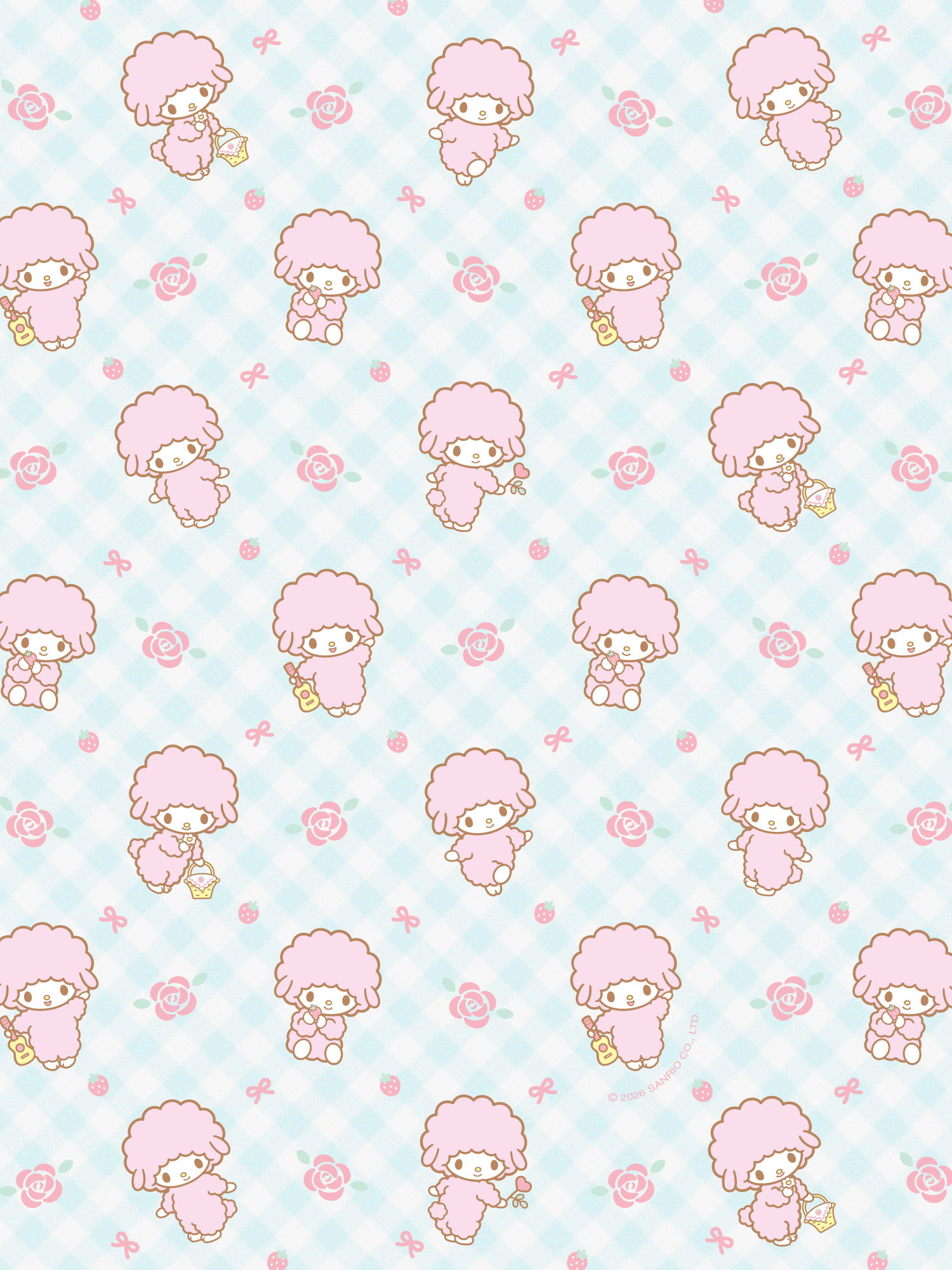 Pattern of My Sweet Piano Character with pink hair on a light blue background with pink flowers.