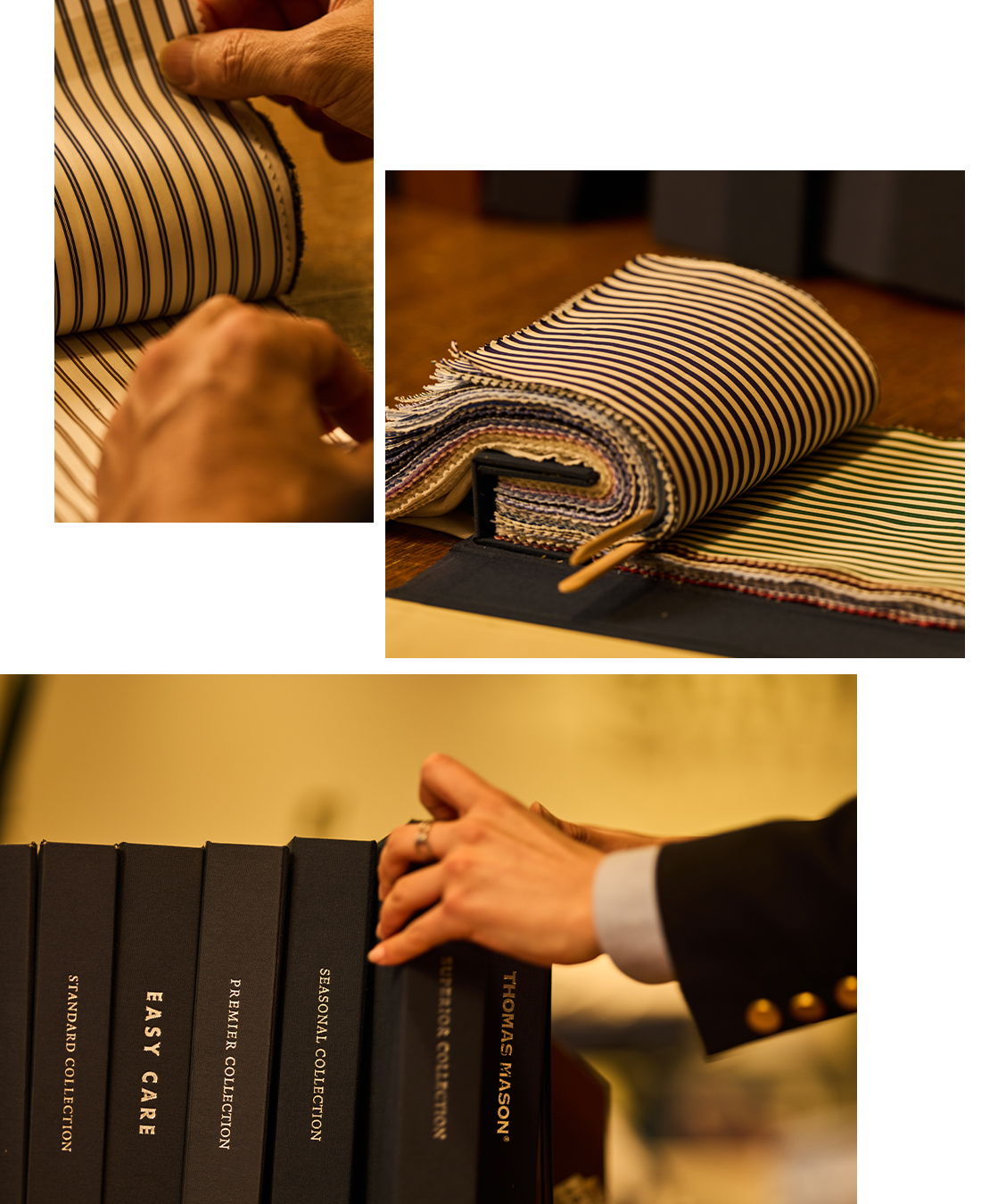 Hands examining fabric swatches and organizing fabric books on a table.