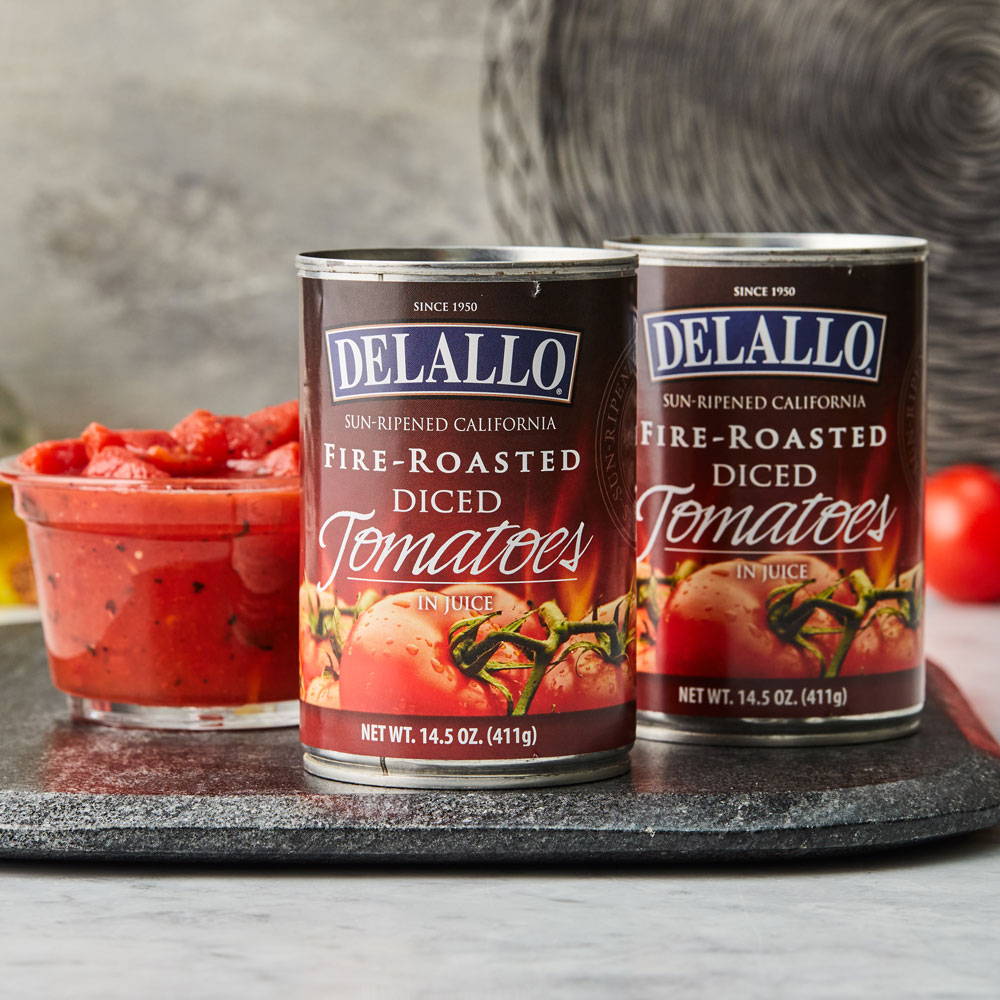 Two cans of DeLallo Fire Roasted Tomatoes