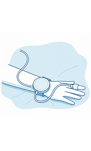A hand with a medical monitoring device attached.