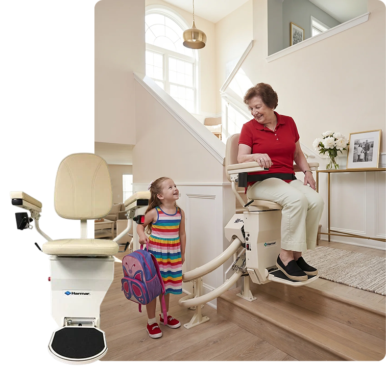 Grandmother riding a stairlift while greeting her grandchild