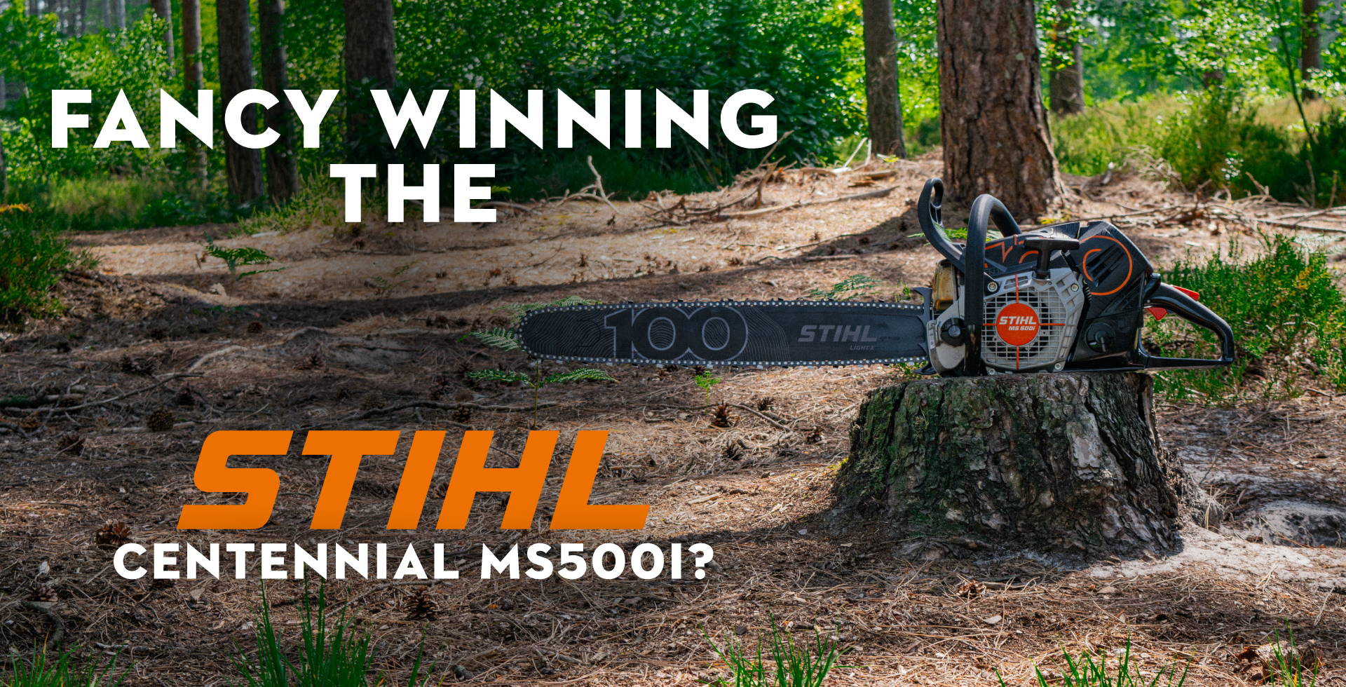 Chainsaw on a forest floor with promotional text.