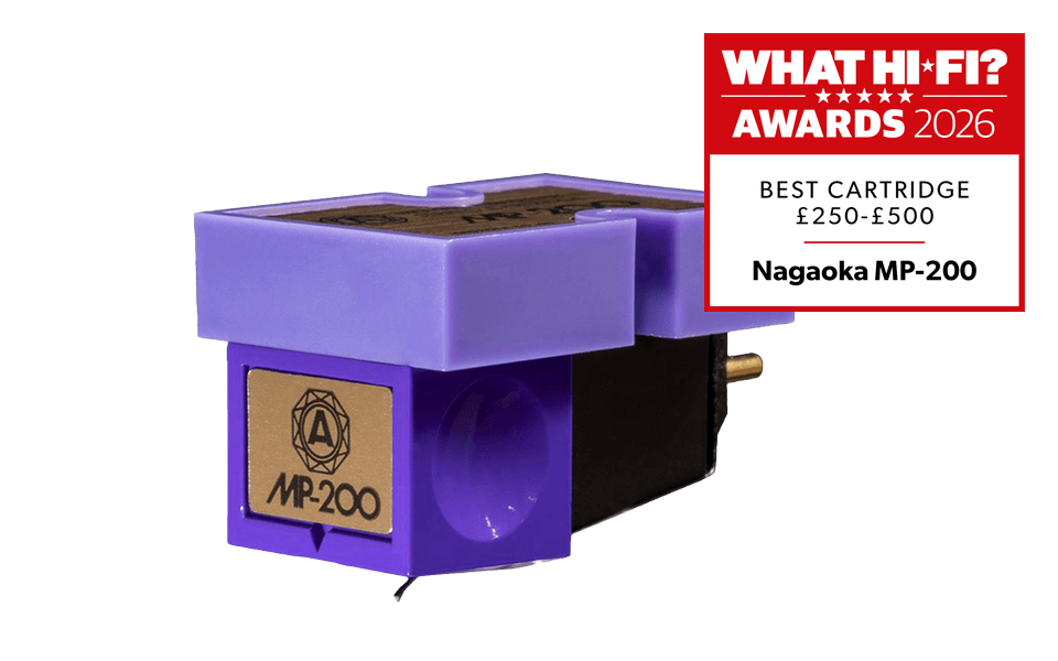 Nagaoka MP-200 cartridge with award badge from What Hi-Fi? 2026.