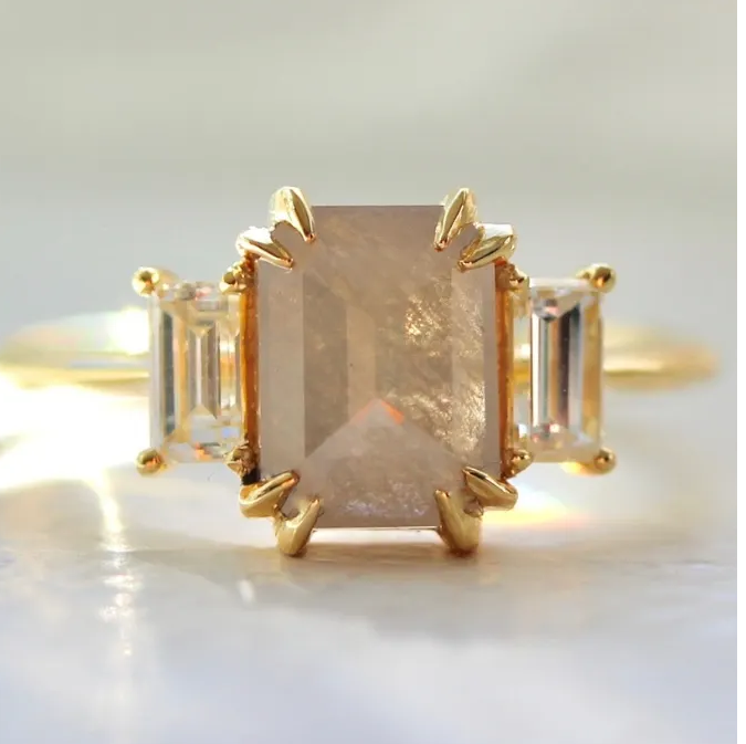 Opalescent Emerald Rose Cut Diamond Ring With Baguette Diamonds