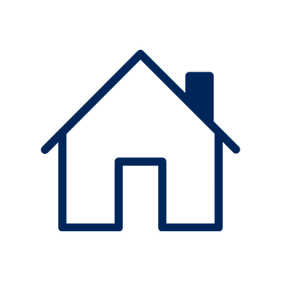 Blue outline of a simple house icon.
