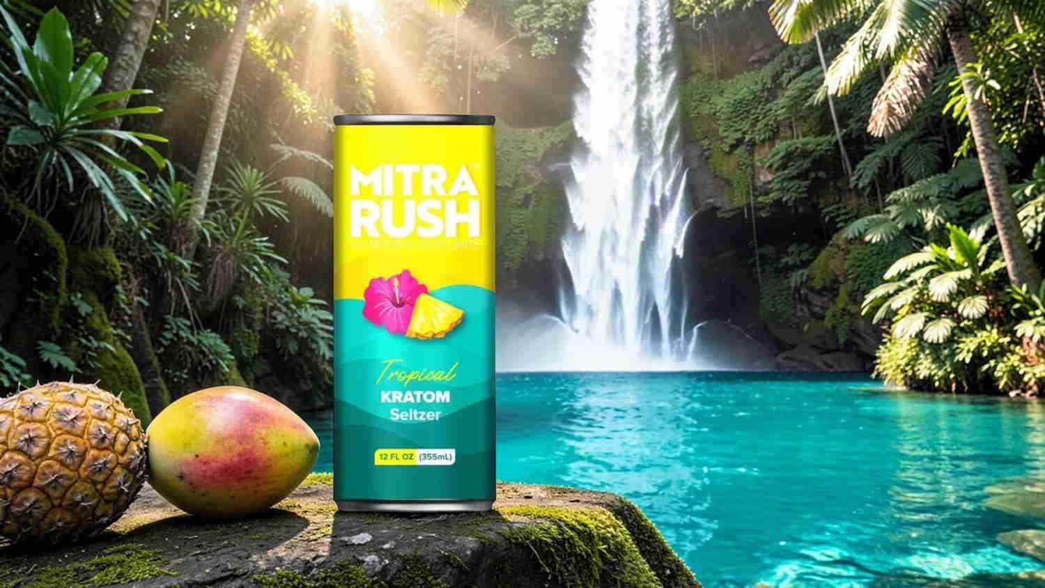 Product packaging near a waterfall, with tropical fruits in the foreground.