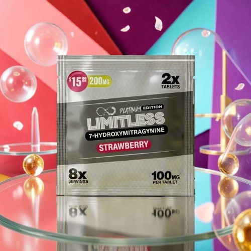 Limitless supplement package on a colorful background with bubbles and reflections.