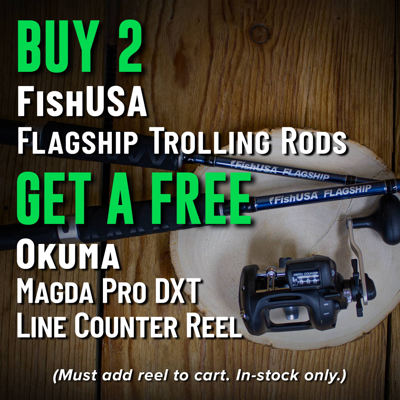 Buy 2 FishUSA Flagship Trolling Rods Get a Free Okuma Magda Pro DXT Line Counter Reel (Must add reel to cart. In-Stock only.)