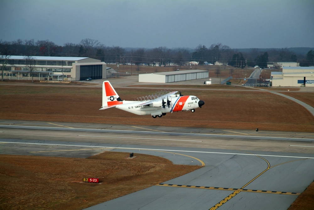 Greenville, S.C. (Jan. 24, 2008) Naval Air Systems Command (NAVAIR) recently granted an Interim Flight Clearance for the Coast Guard?s first missionized HC-130J Long Range Surveillance (LRS) Maritime Patrol Aircraft (MPA), and it flew its first test flight on Thursday, January 24. This significant milestone achievement signals the beginning of Mission System flight test operations. Highlights of the extensive modifications include: a belly-mounted 360-degree surface search radar, Direction Finder system, nose-mounted electro-optical/infrared radar, an airborne Automatic Identification System and new communications systems. The new equipment is designed to deliver enhanced search, detection and tracking capabilities to perform maritime search and rescue, law enforcement and homeland security missions. Photo courtesy of Lockheed Martin.