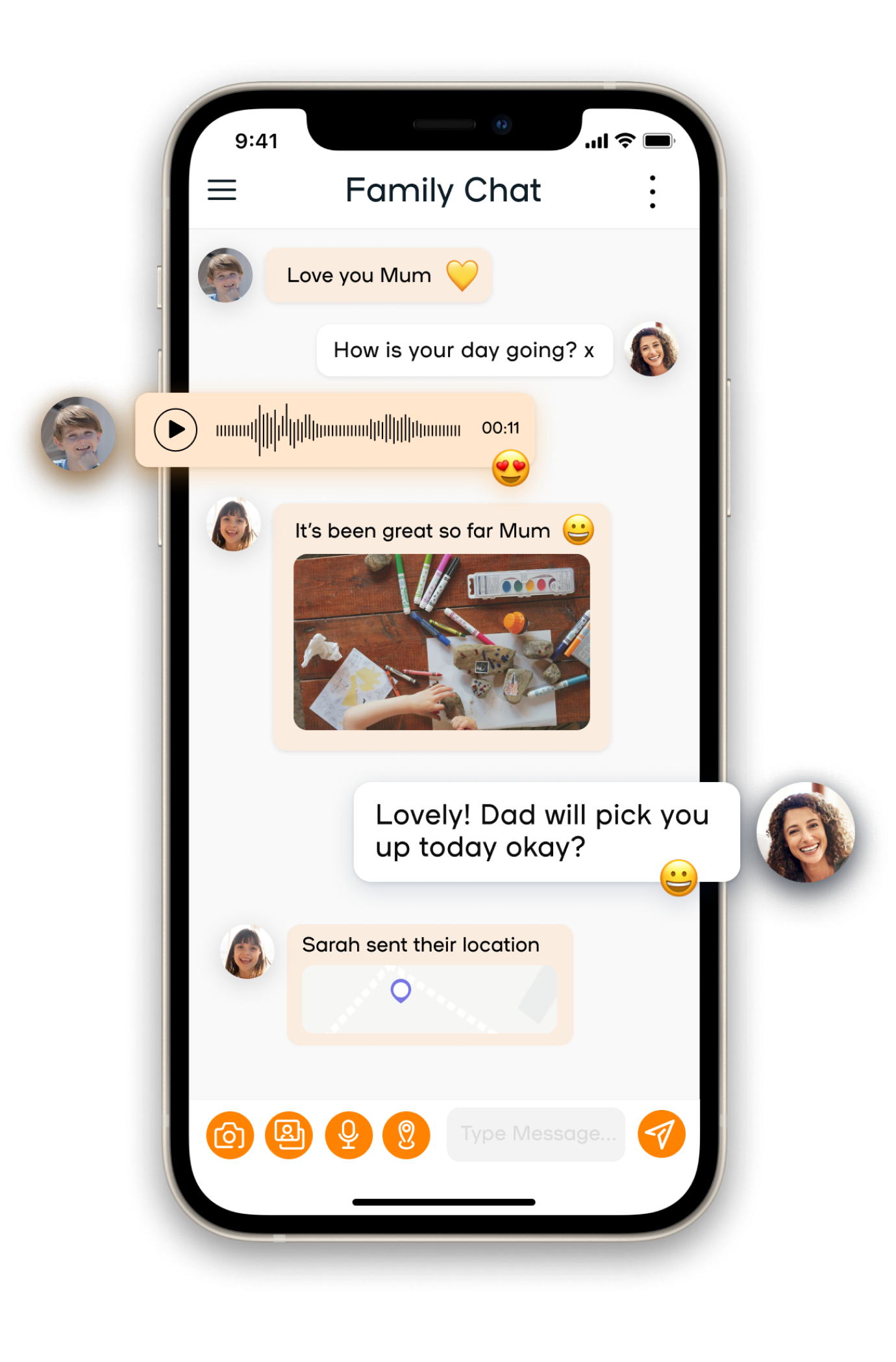 Phone showing Spacetalk App family chat screen with messages being exchanged between family