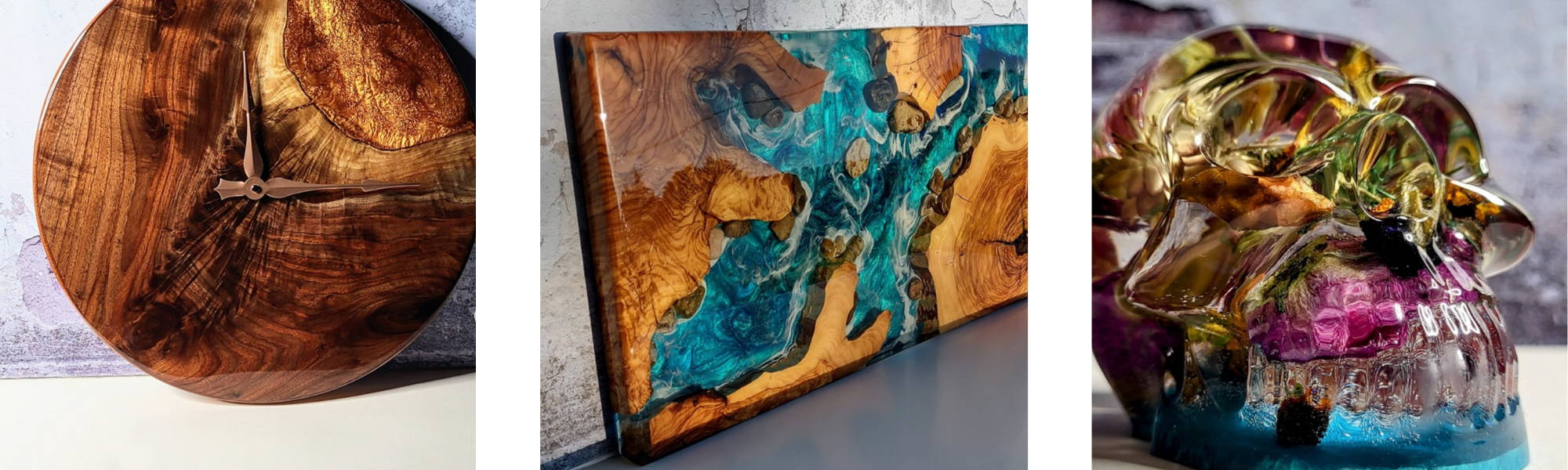 epoxy resin projects including a high gloss wall clock, a live edge river table, and a resin skull with flowers