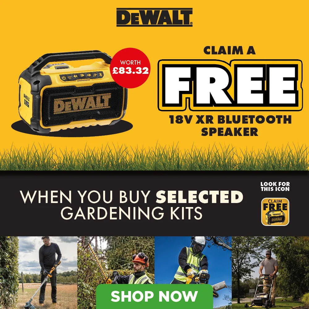 Dewalt promotional image for free Bluetooth speaker with gardening kit purchase.