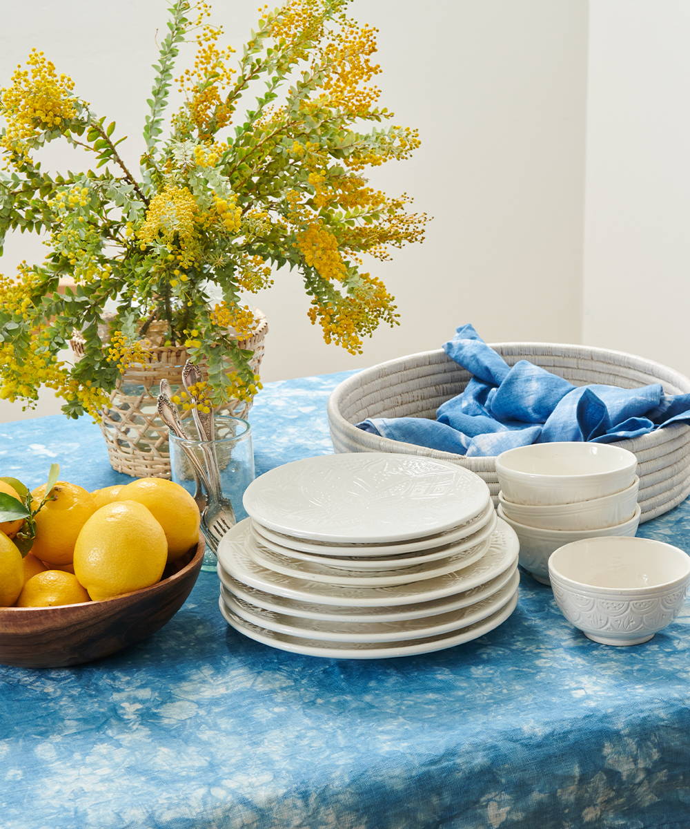 White ceramic plates with Indigo blue tablecloths | The Little Market