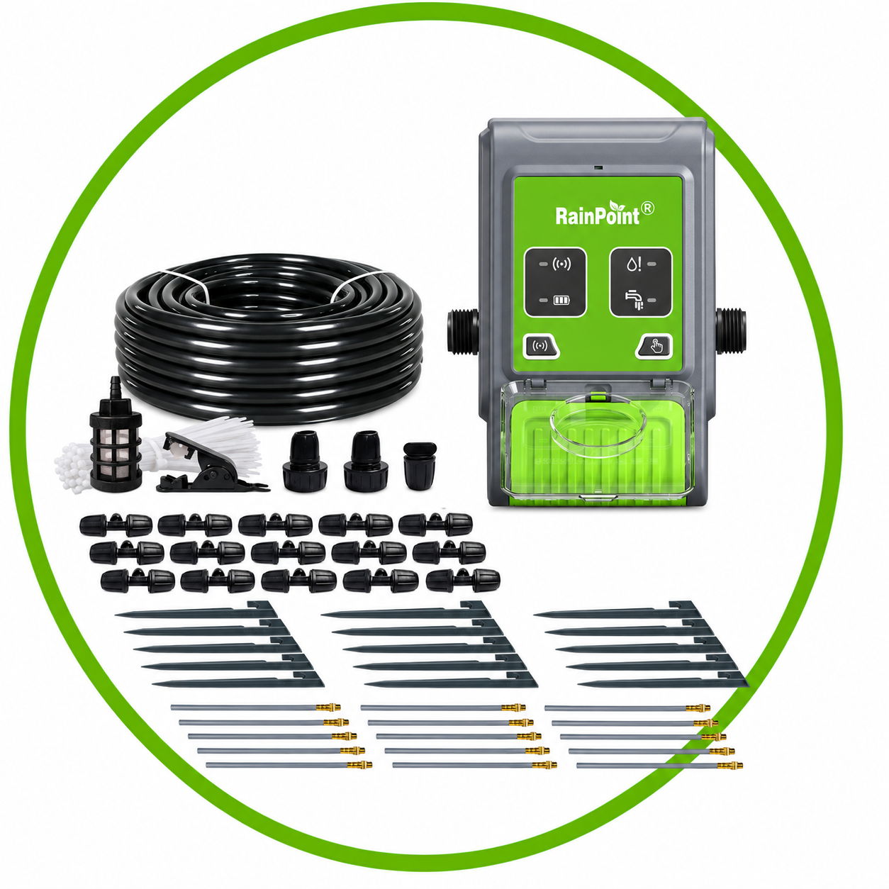 Irrigation system kit with hose, connectors, and control unit.