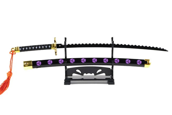 A decorative katana sword displayed on a black stand.