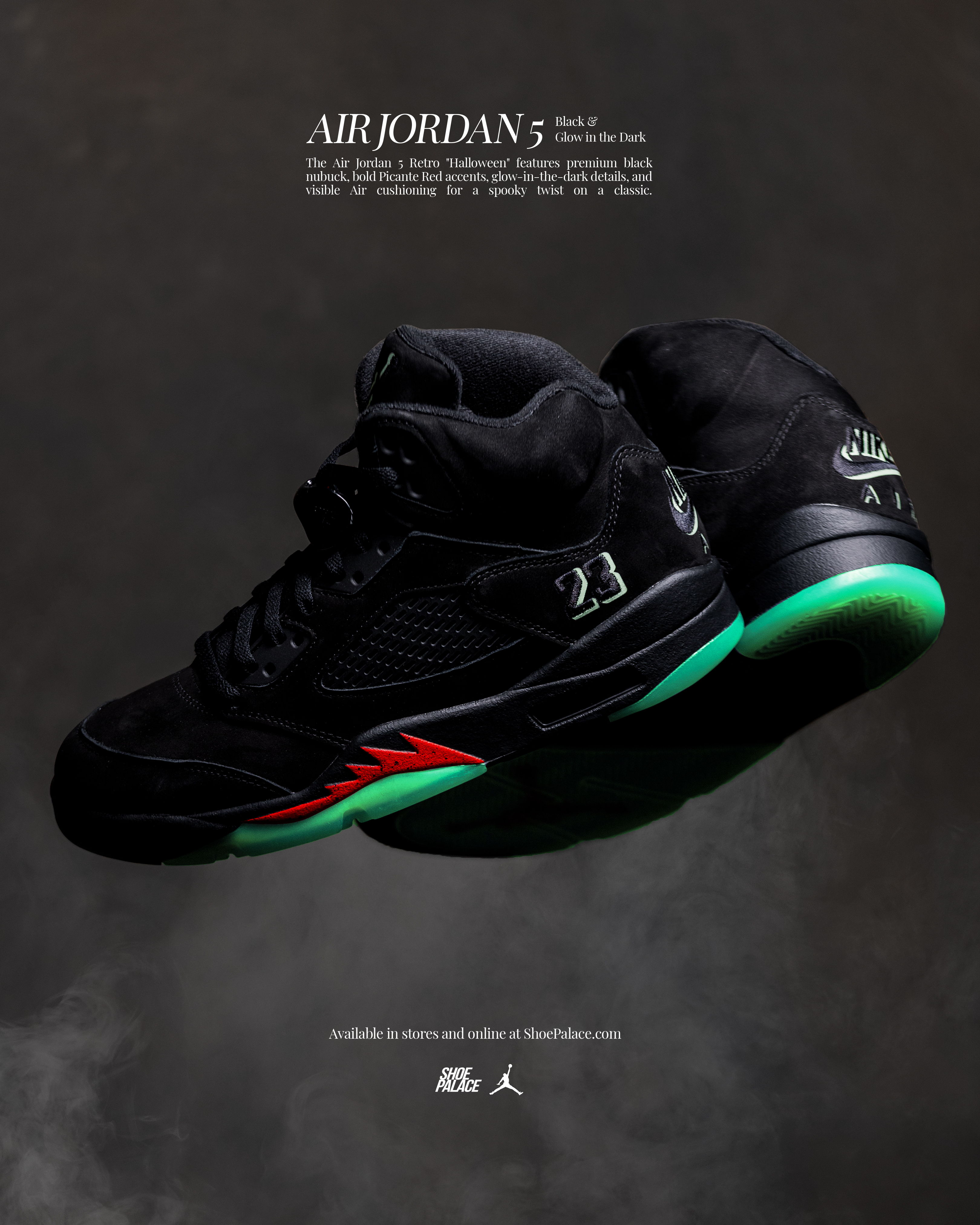 Air Jordan 5 sneakers with black, green, and red accents on a dark background.