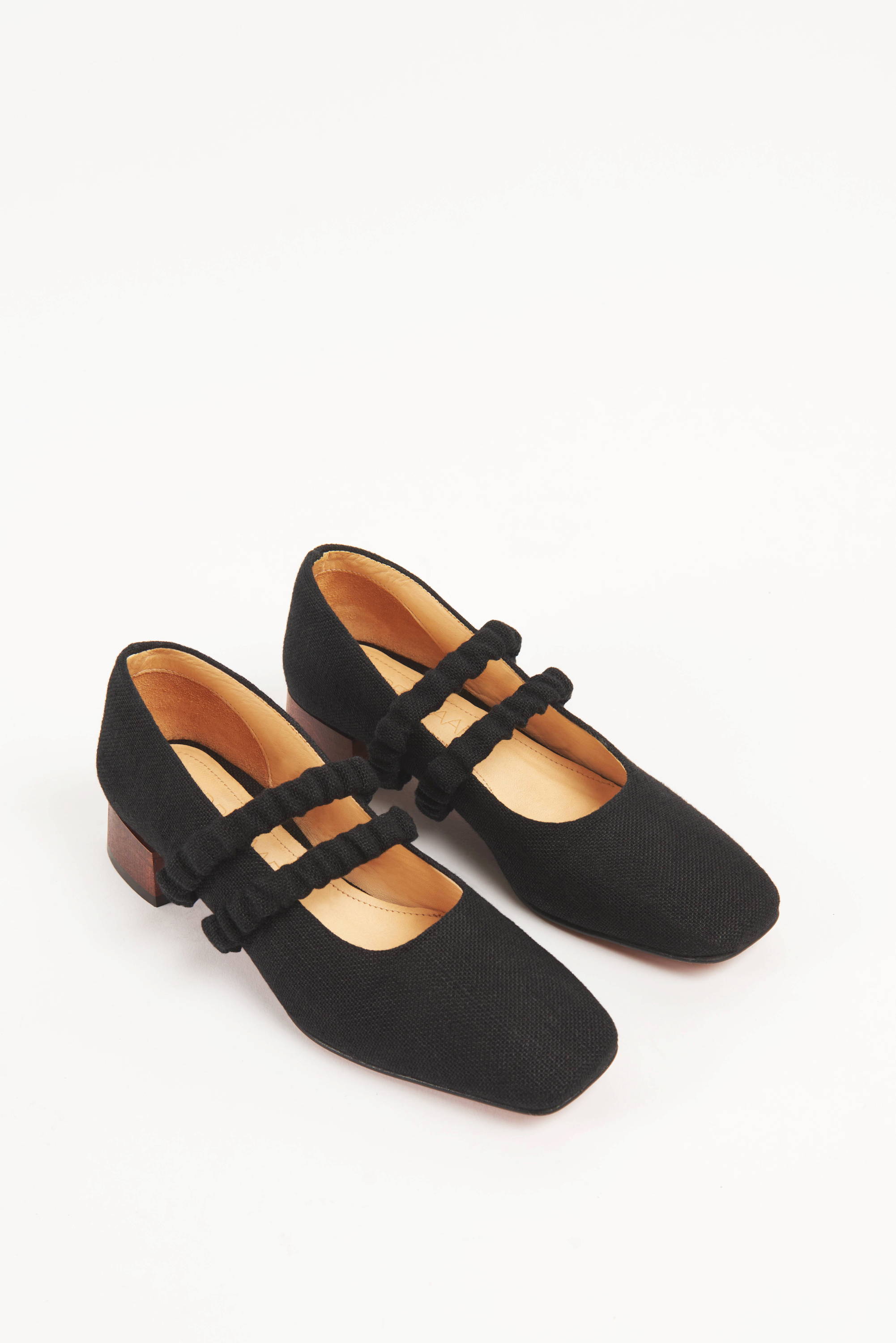 Vandrelaar Ruth mary-jane pump in black linen with a wooden block mid-heel and two scrunchie elasticated straps 