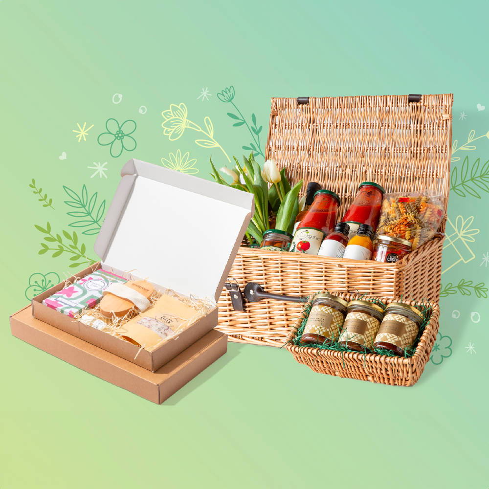 An open wicker basket and ecommerce box with various items inside