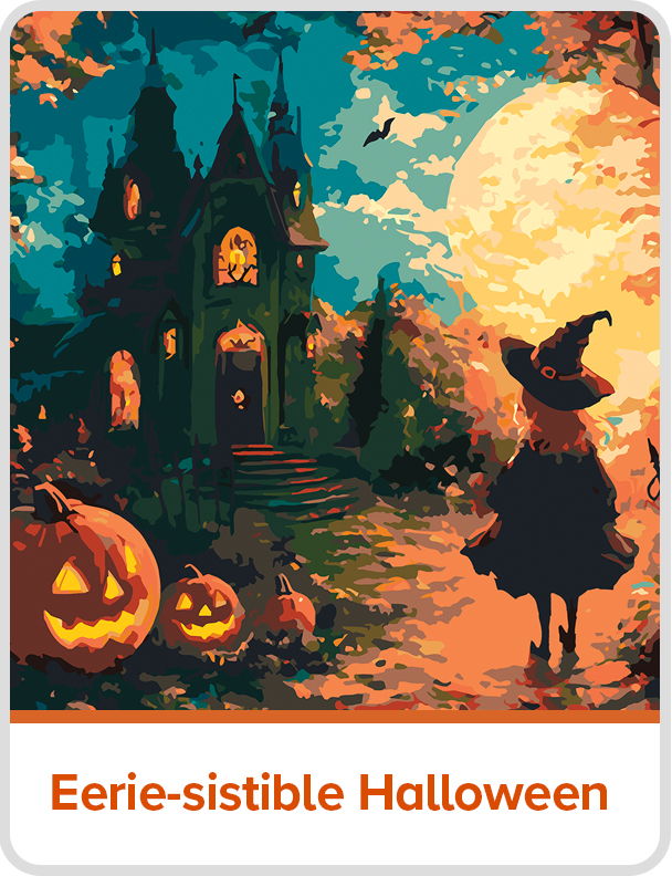 A witch walks past a haunted house and pumpkins under a full moon. Eeerie-sistible Halloween