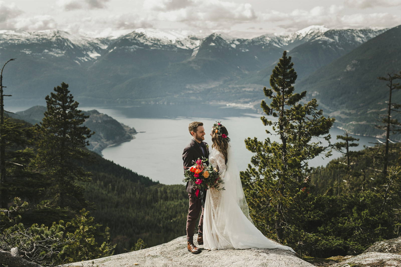 Bride and groom in the mountains 