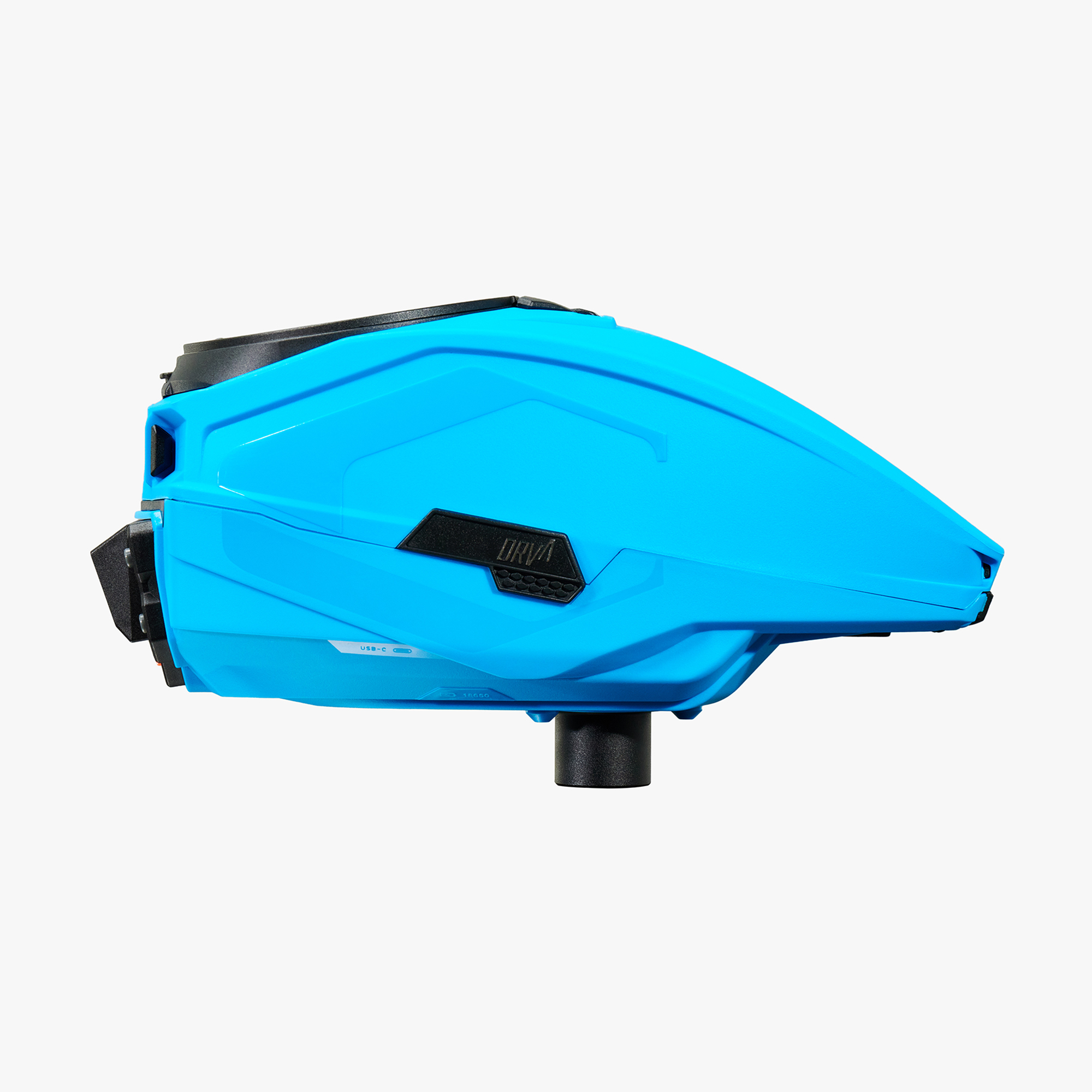 Blue paintball hopper viewed from the side on a white background.