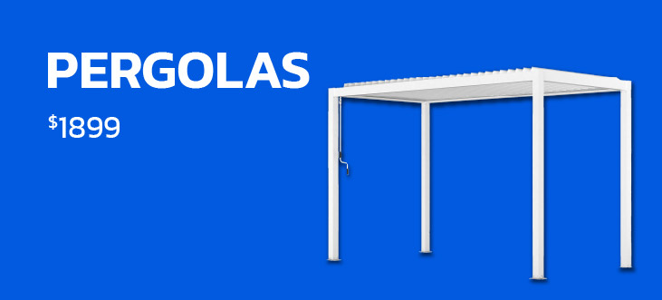 White pergola on a blue background with the text 