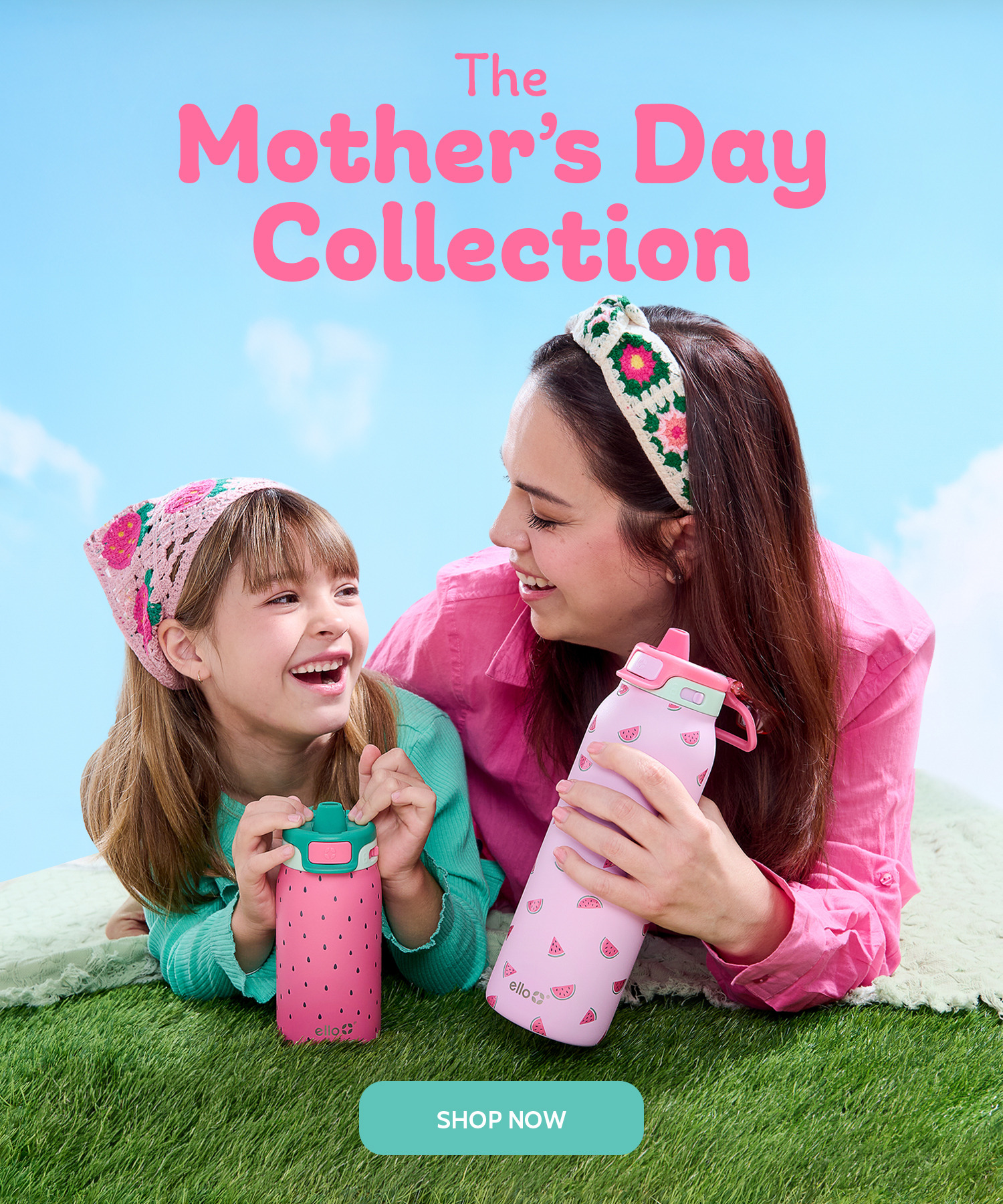 Two smiling girls holding colorful water bottles, with 