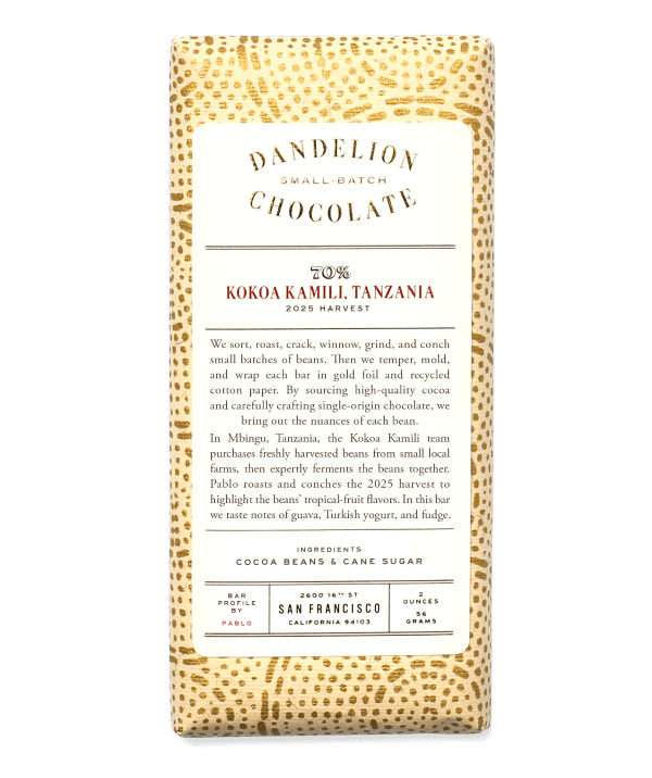 Dandelion Chocolate bar packaging with details about its origin and tasting notes.
