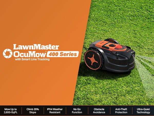 LawnMaster OcuMow 400 Series robotic lawn mower on green grass.
