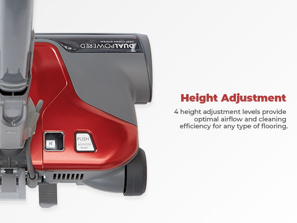 Vacuum cleaner with height adjustment feature for various flooring types.
